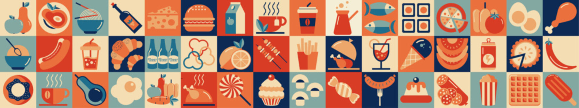 Set of 48 colorful icons related to food and drinks. Abstract food and drink geometric pattern. Mosaic style. Collection of food icons. Vector illustration