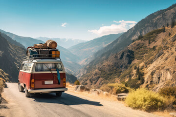 Van Navigates Winding Mountain Roads, Its Roof Loaded With Luggage And Backpacks, Under The Bright Sun During Vacation Getaway