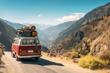 Obraz premium Van Navigates Winding Mountain Roads, Its Roof Loaded With Luggage And Backpacks, Under The Bright Sun During Vacation Getaway