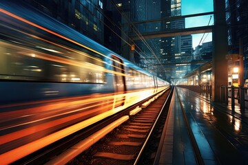 Train Glides Through Cityscape At Night, Leaving Luminous Streaks In Its Wake As It Arrives At Bustling Railway Station