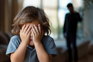 Frightened little girl hiding their face with her hands, as an ominous adult male stands in the unfocused background, symbolizing home violence issues. Generative AI - obrazy, fototapety, plakaty
