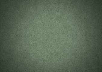 Hand-drawn unique abstract symmetrical seamless ornament. Dark semi transparent green on a light warm green with vignette of a darker background color. Paper texture. A4. (pattern: p07-2b)