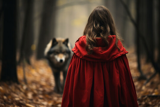 Back view of young woman in red cloak with blurry wolk in forest background. Red riding hood fairytale