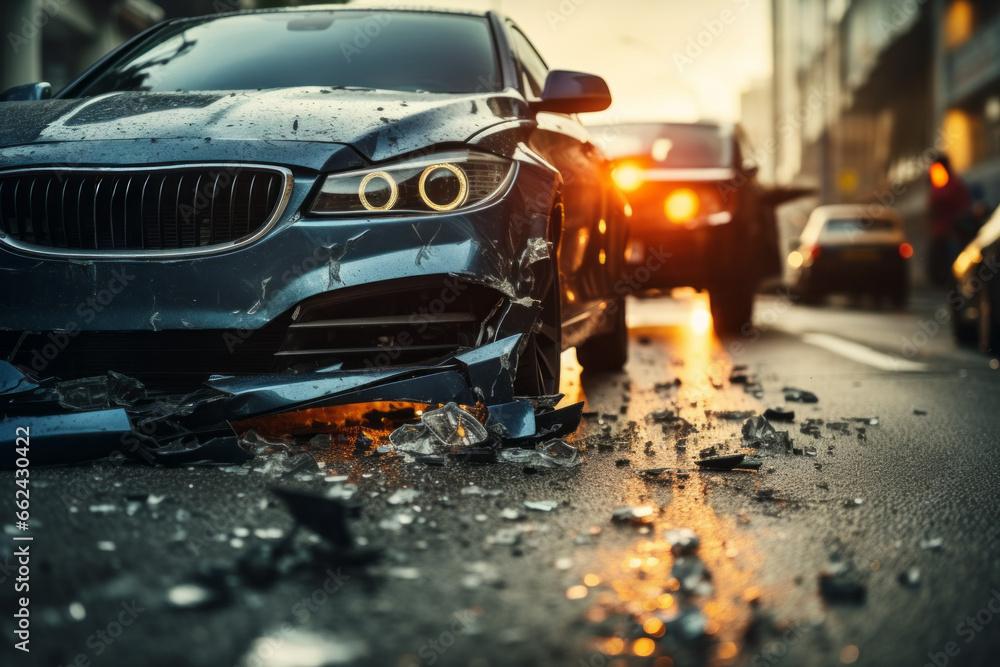 Sticker Broken car in an accident. Crash on the road. Background with selective focus and copy space