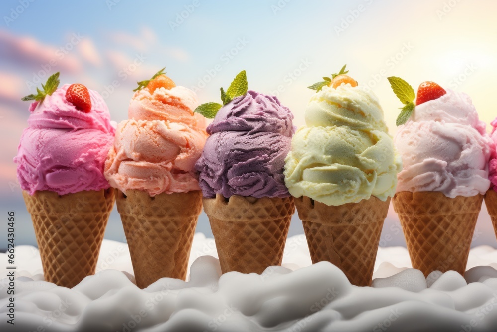 Poster appetizing ice cream. background with selective focus and copy space