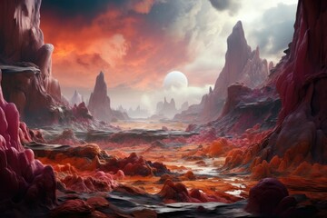 Alien landscapes reveal jagged, colorful formations dotting barren horizons. - obrazy, fototapety, plakaty