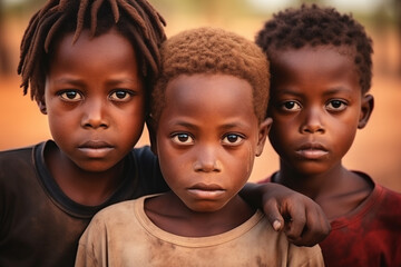 Poor African children group potrait. Looking into camera. Generative AI