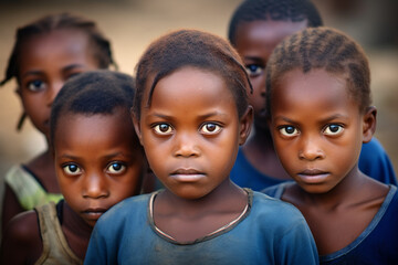 Poor African children group potrait. Looking into camera. Generative AI - obrazy, fototapety, plakaty