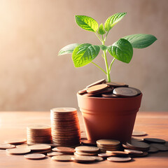 Fototapeta na wymiar Investment concept, Coins in pot with plant growing on wooden table.
