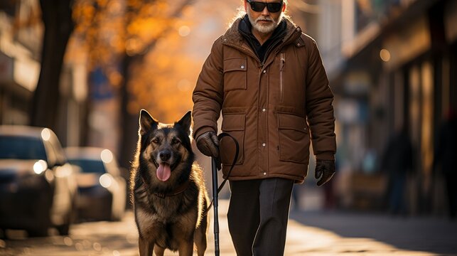 A blind man walking his guide dog down the street on Braille Day
