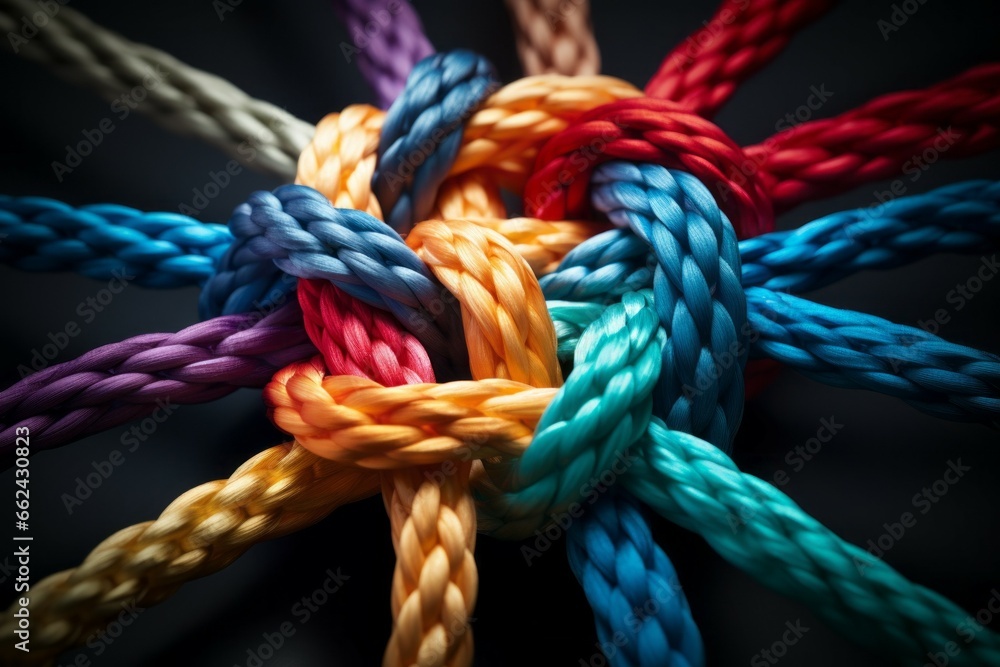 Poster different ropes are woven into a knot. teamwork concept. background with selective focus and copy sp