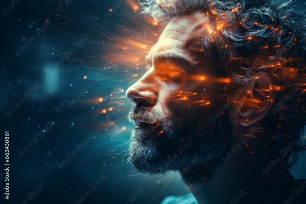 Poster conceptual abstraction of brain neurons. insight concept. portrait with selective focus and copy spa