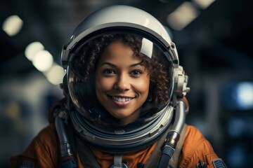 Woman professional astronaut. Top in-demand profession concept. Portrait with selective focus