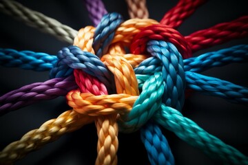 Fototapeta na wymiar Different ropes are woven into a knot. Teamwork concept. Background with selective focus and copy space