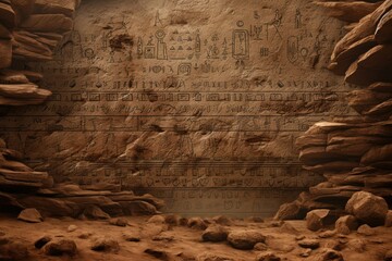 Cryptic hieroglyph-like etchings decorate the unearthly topography. - obrazy, fototapety, plakaty