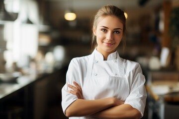 Female cook with happy emotion. Portrait with selective focus and copy space