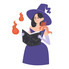 The witch with a ghost cat on her shoulder reads a magic book