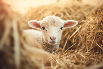 Obraz premium Baby sheep laying down on straw in barn. Cute baby animal. Generative AI