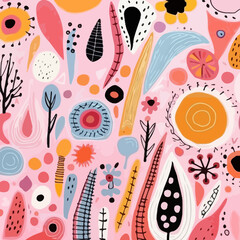 Blush pink quirky doodle pattern, background, cartoon, vector, whimsical Illustration