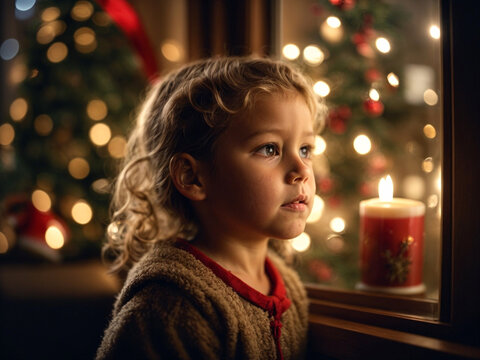 An enchanting portrait of a child looking out of a window on Christmas Eve, eagerly awaiting Santa Claus with their face illuminated by the soft light of a candle and twinkling stars.