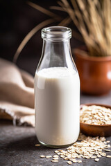 Obraz na płótnie Canvas Non dairy vegan plant based milk in bottle and ingredients. Generative AI