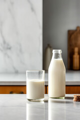 Non dairy vegan plant based milk in bottle and ingredients. Generative AI