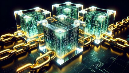 Blockchain Concept, Illuminated Cubes with Encoded Transactions Linked by Golden Chains - obrazy, fototapety, plakaty