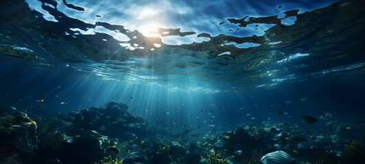 Fototapeta na wymiar Split underwater view with sunny sky and serene sea