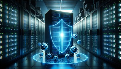 Digital Fortress, Luminescent Security Shield Protecting Server from Cyber Threats in Data Center - obrazy, fototapety, plakaty