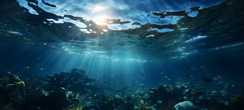 Split underwater view with sunny sky and serene sea