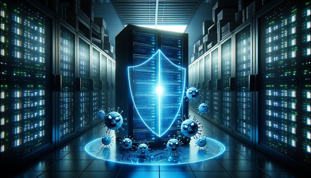 Digital Fortress, Luminescent Security Shield Protecting Server from Cyber Threats in Data Center