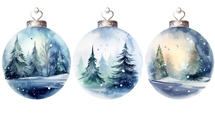 Christmas balls made of watercolor glass with a soft winter landscape and Christmas trees inside