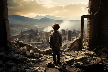 A young boy standing amidst the ruins of a war-torn building created with Generative AI technology - obrazy, fototapety, plakaty