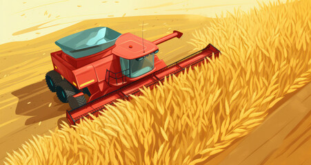 Harvester agricultural machine, grain harvester harvesting field flat illustration