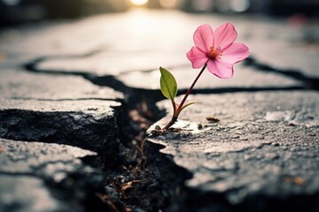 A resilient pink flower blooming amidst the harshness of war-torn surroundings created with Generative AI technology