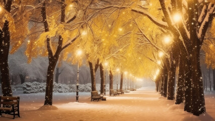 Golden lit snowy park pathway lined with illuminated trees and benches, with tranquil and magical winter atmosphere