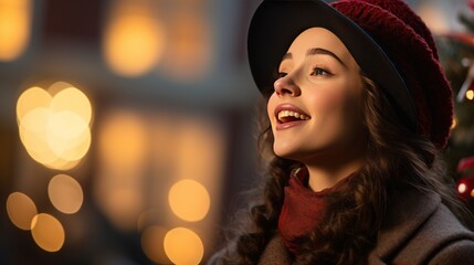 portrait photo of a beautiful singing girl, Christmas setting