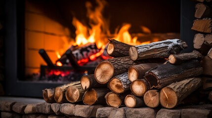 Cozy Photo of a stack of firewood against a burning fireplace,