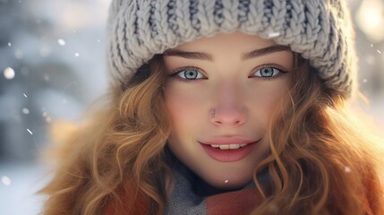 beautiful girl with blue eyes in winter clothes during snowfall, portrait photo in close-up