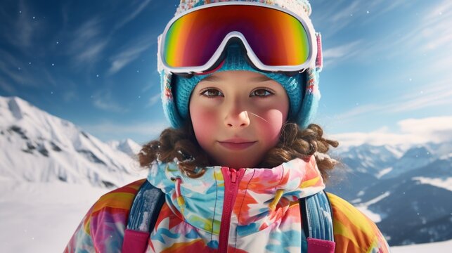 portrait photo of a girl in a ski mask against the background of snowy mountains