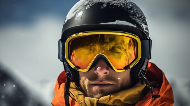 Close-up portrait photo of a man wearing a ski mask and helmet 