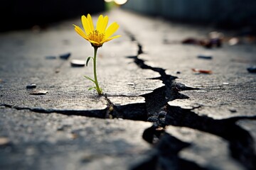 A solitary yellow flower blooming amidst the destruction of war created with Generative AI technology