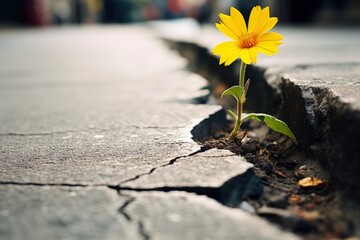 A resilient yellow flower pushing through the cracks in a war-torn road created with Generative AI technology