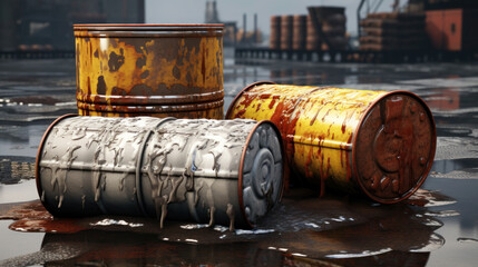 Dirty metal barrels from oil products and industry, environmental pollution with waste, flat illustration - obrazy, fototapety, plakaty