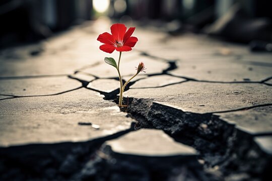A resilient red flower pushing through the cracks of a war-torn landscape created with Generative AI technology