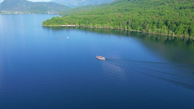 Aerial view of Bohinj lake in Julian Alps. Popular touristic destination in Slovenia. Triglav National Park