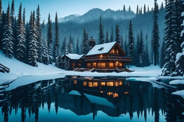 winter lodge next to Emerald Lake. - obrazy, fototapety, plakaty