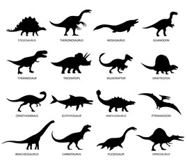 Set of black silhouette dinosaur. Brachiosaurus, t rex, stegosaurus and pteranodon. Extinct lizard of the Jurassic period. Prehistoric dino. Vector illustration