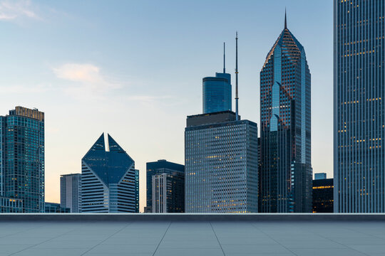 Skyscrapers Cityscape Downtown, Chicago Skyline Buildings. Beautiful Real Estate. Sunset. Empty rooftop View. Success concept.