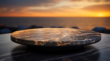 Obraz premium Close-Up of a Black and Gold Marble Table with Bokeh Light Blurry Background, An Elegant and Opulent Addition to Premium Interior Design, Product Placement Concept 